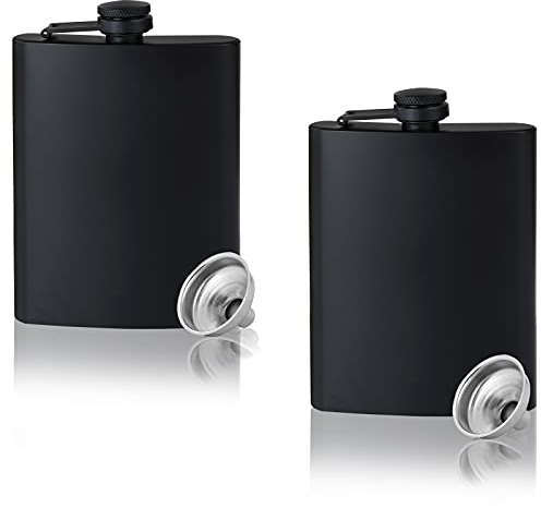 GADIEDIE2 pcs Hip Flask for Liquor for Men Matte Black Stainless Steel Leakproof and Funnel, with Never-Lose Metal Cap, Drinking Flasks for Wedding Party Gift Outdoor Activities, 8 Oz