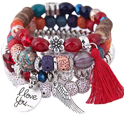Carufin Crystal Multicapa turquesa pulseras Boho con cuentas borla elasticidad pulsera accesorios de mano joyería para mujeres y hombres (Rojo)