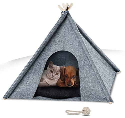 NAPFINO - Gemütliche Hundehöhle & Katzenhöhle - Angenehme Hundehütte Indoor aus Filz - Hundezelt mit weichem Kissen & Anti Milben Bezug - Für Balkon, Garten & Wohnzimmer - Inkl. Spielzeug (Größe L)