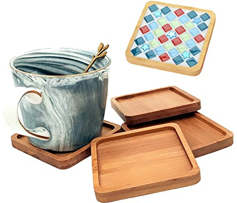 4PCS Mosaic Bamboo Coasters for Crafts, Blank Base Trays, Drinking Cup Coaster, Plant Coaster, Art Plate,DIY Mosaic Supplies (Square)