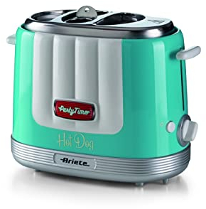 Ariete 206 Hot Dog Maker Party Time, Hot Dog Maker, 650 W, 5 Garstufen, 4 Garräume, automatischer Auswurf, hellblau, Rot