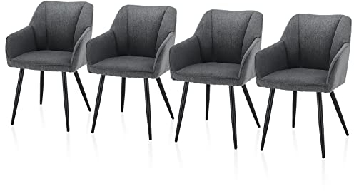 TUKAILAI Esszimmerstühle 4er Set aus Leinen,Küchenstuhl Polsterstuhl Armlehnstuhl mit Armlehnen,Rückenlehnen,weiche Sitzpolster,Metallbeinen,Modern Sessel für Küche Esszimmer Wohnzimmer,Dunkelgrau