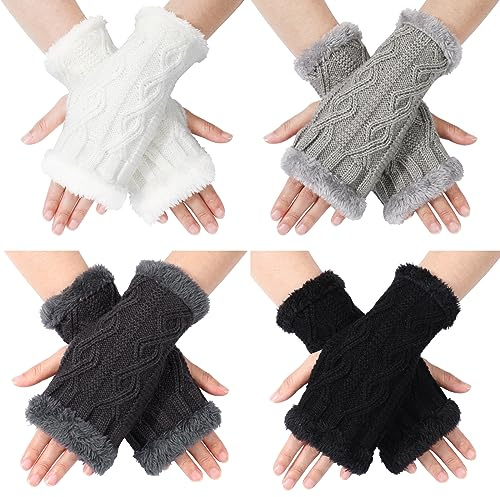 TAGVO Women Fingerless Gloves, 4 Pairs Winter Warm Sleeves, Plush Arm Warmer Sleeves, Short Knitted Gloves Fleece Lining, Winter Sports Gloves Windproof, Warm and Thick, Suitable For Winter Ladies