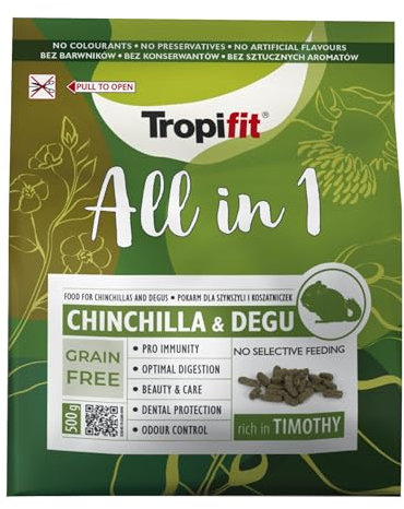 Tropifit All in 1 Chinchila & Degu 500g - Futter für Chinchillas und Degus – extrudiertes Alleinfutter Getreidefrei, Ballaststoffreich – Mit Wiesengras, Kräutern & Flohsamen