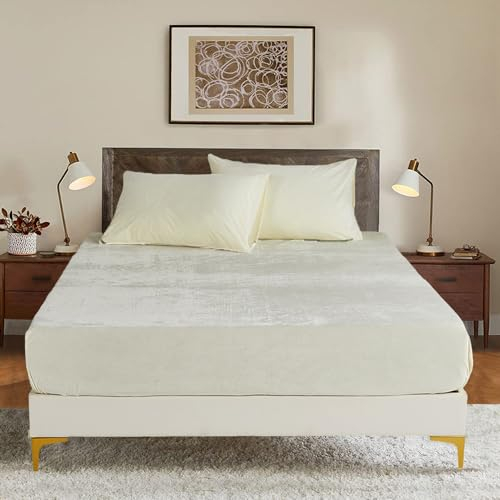 Luowei Fleece Spannbettlaken Bettlaken 140x200cm Beige Winter Extra Warm Plüsch Samt Kuschelige Leintuch 140x200cm Boxspringbett Frottee Spannbetttuch Uni Muster für Hohe Matratze bis 25-30 cm