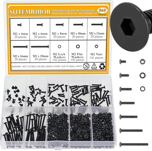 565 Pieces M2 Screws Nuts Washers Set Black, Sutemribor M2 x 4/6/8/10/12/16/20mm Countersunk Head Socket Cap Screws Nuts Washers Assortment Kit, 10.9 Grade Alloy Steel, Fully Threaded