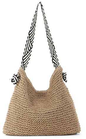 Syrads Borse di paglia Borse Borsa a tracolla Tasca Casual Tessuto Borse da spiaggia Estate Tote Bags,Stile spalla marrone chiaro