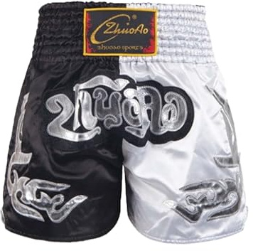 Nyeemya Kids Boys Muay Thai Boxer Shorts Martial Arts Grappling Training Bottoms Kickboxing Fighting Shorts Black&White 11-12 Years