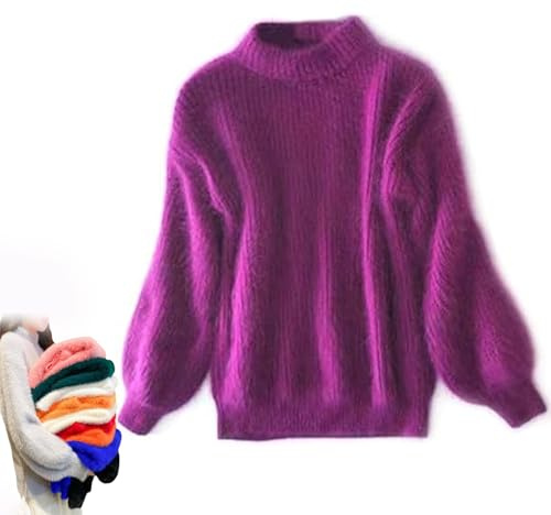 BreWel Señora Invierno Angora Mezcla de Cachemira suéter Suelto y cálido Casual Grueso Cuello Alto de Lana suéter de Color sólido Cuello Redondo Jersey de Punto suéter (Talla única,Violeta)