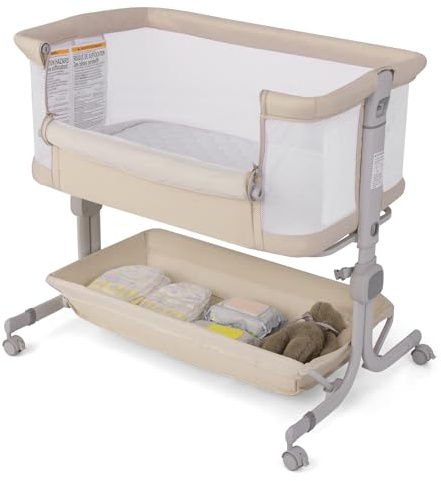 RELAX4LIFE 3 in 1 Culla Neonato, Culla da Campeggio con Materasso Cinghia Fissaggio, Regolabile In Altezza 6 Posizioni, per Bambini 0-6 Mesi Fino a 9kg (BEIGE)