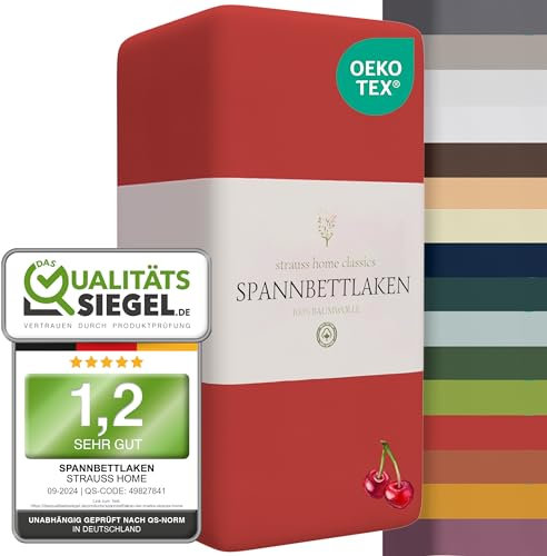 Strauss Home ® Jersey Spannbettlaken Spannbetttuch Bettlaken 100% Baumwolle 90x200-100x200 cm (Kirschrot/Rot)
