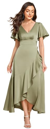 Ever-Pretty Women Dress Bridesmaid Dress Satin High-Low with Short Ruffles Sleeve and Deep V Evening Wedding Dress Sage Green 14UK