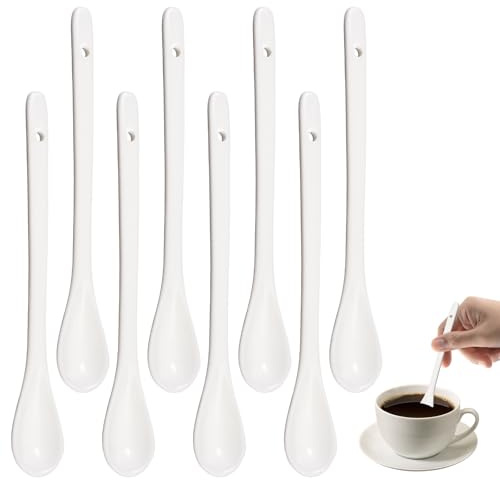 8 st vita keramiska kaffeskedar 16,5 cm för dessert och espresso | Släta porslinskedor som är lätta att rengöra för kaffe och små söta rätter