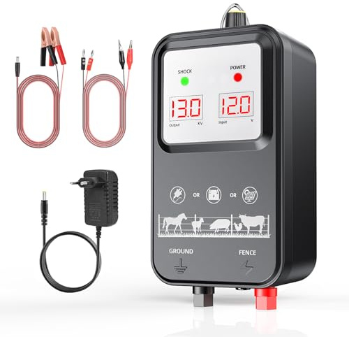 Cerca Eléctrica de Alto Rendimiento 15km Para Animales - Electrificador 2j Profesional 7-13kv Ajustable con Pantalla Lcd - Sistema Impermeable Potente para Granja, Jardín & Pastizal (B)