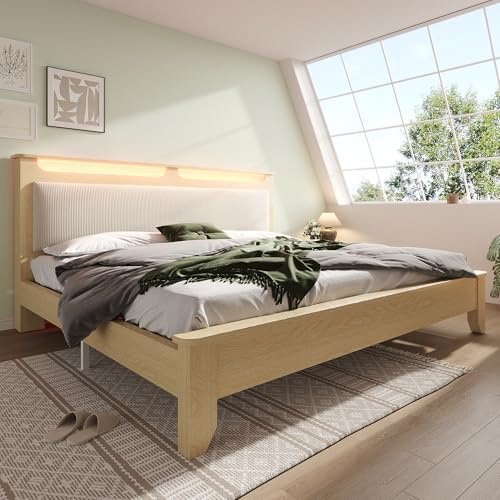 Cama doble de madera de 160 x 200 cm, cama con cabecero LED con espacio de almacenamiento, respaldo acolchado de pana beige, marco de cama con listones de madera, roble claro (sin colchón)