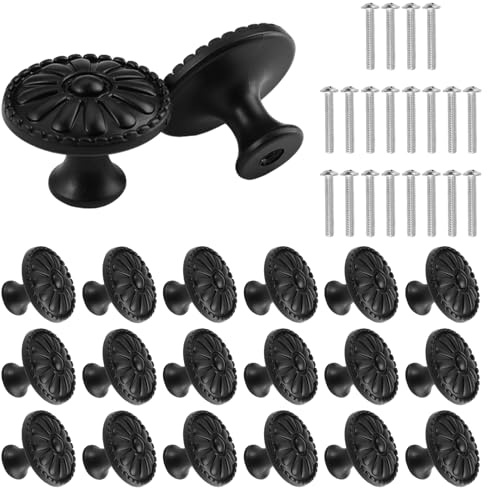 20 Pièces Vintage Chic Bouton De Meuble Tiroir Avec Vis, Noir Motif De Fleurs Rond Boutons De Portes pour Placards, 30 Mm De Diamètre, Matériau Métallique Durable, pour Meubles Armoires Portes Bains