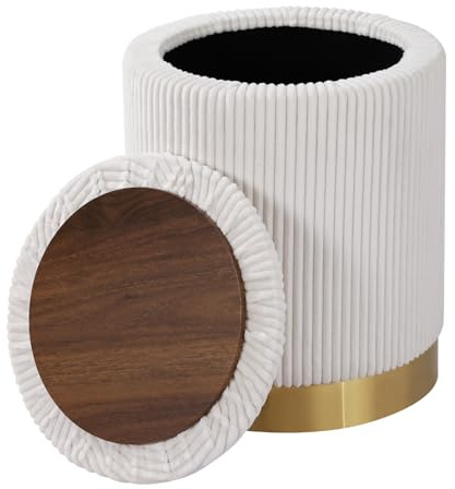 Joveco 14 Round Storage Ottoman with Reversible Lid Tray, 3-in-1 Corduroy Footrest Stool with Gold Metal Base, Modern Small Ottoman Coffee Table & Side Table for Bedroom, Living Room, Dorm, Beige