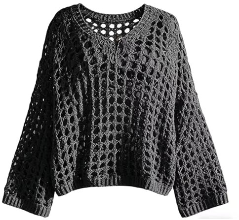 GUOBOTT Top ajouré au Crochet - Pull Ample, Design décontracté à Manches Longues ajouré, Haut Respirant pour Femme (Noir,M)