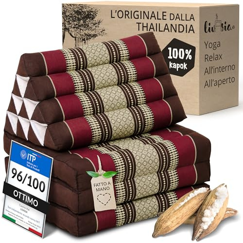 livasia cuscino thai alto kapok - 185x55x8cm - triangolare a 3 segmenti materasso pieghevole, cuscino per la schiena jumbo, tappetino thai da piegare, fatto a mano (Bordeaux)