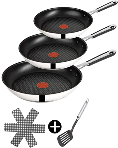 Tefal E30 Jamie Oliver Pfannenset Induktion 6tlg -SET16- Antihaft-Pfanne Edelstahl 28 cm + 24 cm + 20cm mit Deckel, Backofenfest, Spülmaschinenfest, hohe Bratpfannen, Silber