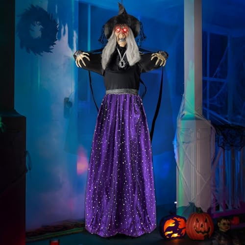 JOYIN Decoración de Bruja Animada Colgante de 119 cm con Ojos Iluminados y Función de Activación de Sonido para Decoración de Casa Embrujada de Halloween