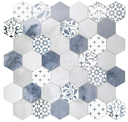 The Tiles Plaza 10-Sheet Peel and Stick Backsplash, Blue Cement Hexagon Stone Composite Marble Looks Self Adhesive Wall Tile, Stick On Tiles for Kitchen Bathroom Shower, Cover 9 Sq Ft.