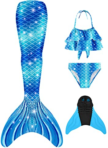 BAWADE Meerjungfrauenflosse Mädchen Meerjungfrau Flosse mit Bikini Setfür Kinder und Monoflosse（4 Stück）