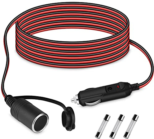 URAQT Cable de Extensión de Coche 3M 12-24 V Cable Alargador Mechero Coche, 15 A Encendedor de Cigarrillos Plug, Alargadores Enchufes con 2 Fusibles,para Encendedor de Cigarrillos de Coche