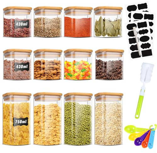 TAVADA Bocaux en Verre Lot de 12, 430ml/750ml, avec Couvercle, Pots de Rangement Cuisine pour Épice, Spaghetti, Café, Céréales