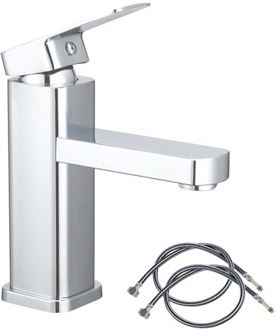 Bathroom Basin Tap Washroom Hot and Cold Mixer Tap Single Lever Bathroom Sink Faucet with 80CM UK Standard Hoses, Chrome
