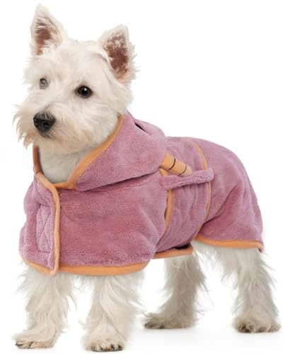 OUOBOB Super Absorbent Dog Towelling Robe | Microfibre Grooming Bathrobe with Hood & Adjustable Straps for Small Breeds - Dachshund, Yorkie, Chihuahua, Jack Russell (Pink, XS)