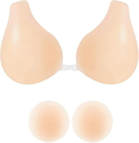 Kiscorpse Women's Adhesive Invisible Strapless Bra, Silicone Backless Push Up Sticky Bra Sticky Reusable Stick On Nipple Covers Bra for A/B/C/D Cup (L for C/D Cup, Beige)