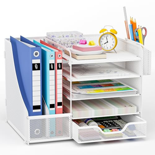 Apritsce Schreibtisch Organizer mit Aktenhalter, 5-stufiger Papier Ablagefächer mit Schublade und Stifthalter, Multifunktionaler Mesh Schreibtisch Akten Organizer für Büro Zuhause