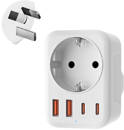 Denlane Adapter Australien, 5 in 1 Reiseadapter Australien mit 1 AC & 2 USB-C & 2 USB-A(3.4A), Adapter China Neuseeland Deutschland Stecker, Adaptor Argentinien Fidschi, Reisestecker Typ I