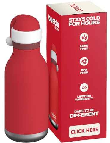 ASOBU Bestie Kindertrinkflasche mit Strohhalm – Isolierte Edelstahlflasche 420ml mit Weihnachtsmannkopf – Auslaufsicher & BPA-frei