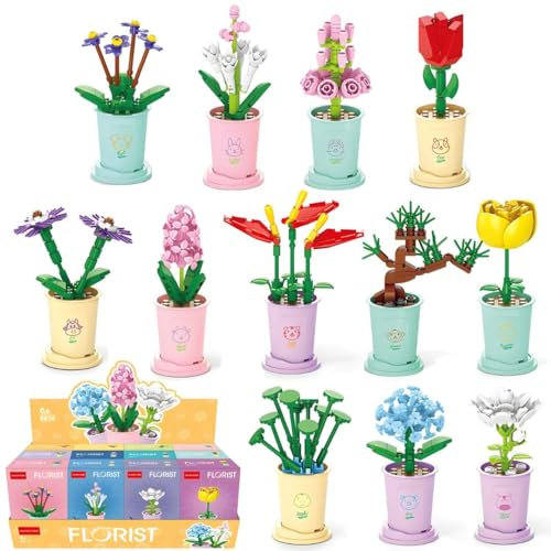 Liberty Imports 12 Pack Mini Flower Botanical Building Block Collection, Creative Flower Plant Toy Set for Kids, Home or Office Colorful Decorations