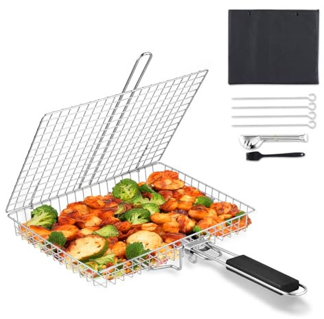 BEWOS Cesta para Asar Pescado, Parrilla Acero Inoxidable para Asar con Bolsa y Cepillo, Plegable y Portátil, Rejilla Barbacoa con Asa Extraíble para Pescado Verduras Filete Gambas Chuletas