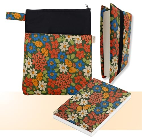Funda Libro - Funda Libros Lectura - Pack 2 Fundas para Libros - Regalo para Lectores - Funda para Libro de Tela - Fácil de Limpiar, Cremallera, Bolsillo Lateral + Protector Ajustable - Flores Naranja