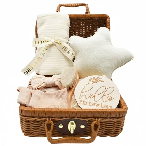 YTACREA 7 Piezas Regalo Bebe Recien Nacido Niño Niña, Canastilla Bebe Recien Nacido Con Manta, Calcetines y Caja De Recuerdos etc, Kit Bebe Recien Nacido por Baby Shower, Neo Genitori, Beige