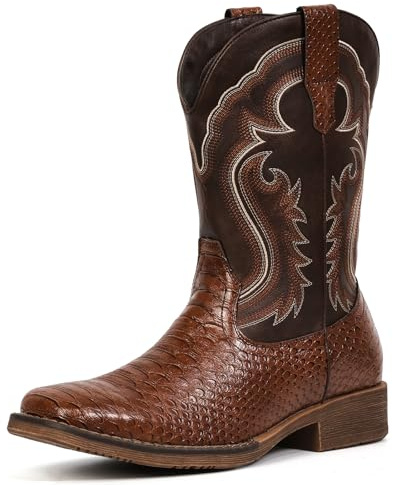 IUV Cowboy Boots for Men Faux Snake Skin Embroidered Western Boots Slip Resistant Square Toe Pull on Mid Calf Cowboy Boot