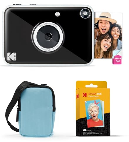 Kodak Printomatic+ - Fotocamera istantanea da 10 MP (blu) con custodia, LED RGB e carta fotografica Zink 20 fogli - nero
