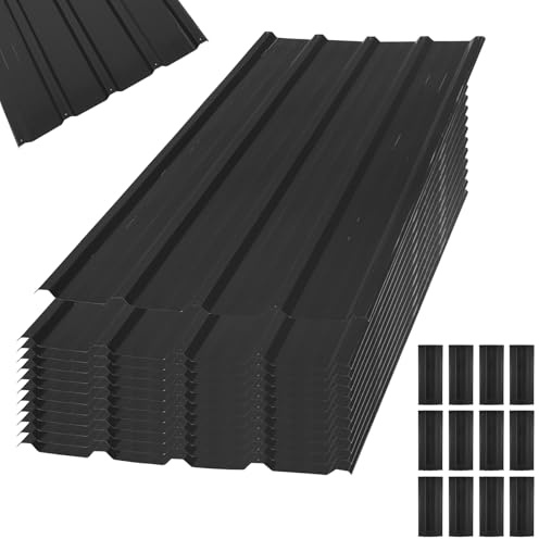 12 x Trapezoidal Sheet Metal Panels, 7 m², 110 x 45 cm,Galvanized Metal,rust-resistant,Weather-Resistant Profiled Sheet metal,Roofing sheets,Corrugated Iron, Roof panels for Ssheds,Carports (Black)