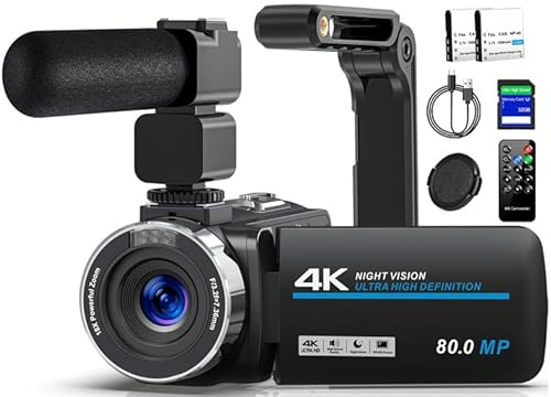 Videokamera 4K 80MP Camcorder für YouTube,30FPS Webcam IR Nachtsicht Vlogging Kamera,18X Digitalzoom 3,0 270°IPS Bildschirm Video Camera mit SD Karte, 2 Akkus, Fernbedienung, und Handstabilisator