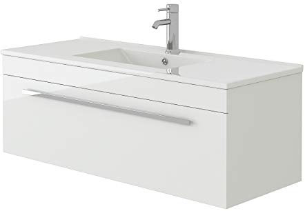 VeeBath Venus 1000 Wall Hung Vanity Unit, Slim Wash Basin Bathroom Sink, Soft Close Door, Cloakroom Wall Mounted Storage Cabinet- White (Flat Pack)