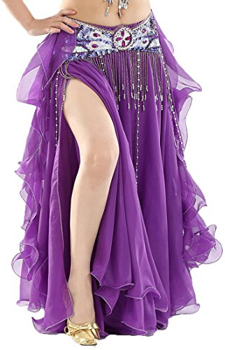 Calcifer Elegante falda de gasa rizada para danza del vientre, vestido de baile con abertura alta para mujer, bailarina profesional, Morado (, M