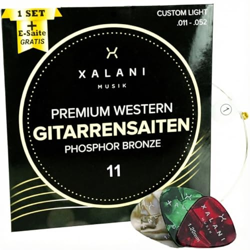 Xalani Musik, corde per chitarra Premium in acciaio, bonus:1 corda di riserva e 3 plettri inclusi, corde in bronzo fosforo, per chitarre acustiche.