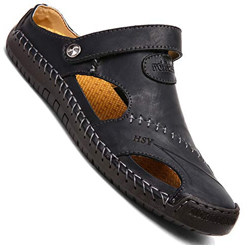 Sandaler, herr, läder, strand, tofflor, vandringssandaler, utomhusskor, sommar, vandringsskor, pantoletter, tofflor, clogs, svart, 39 EU