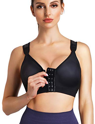 CHUMIAN Reggiseno Sportivo Post-Chirurgico Donna Bralette Senza Ferretto Taglie Forti Reggiseni con Chiusura Frontale (Nero, 3XL)