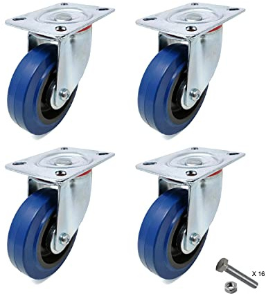 Castors Wheels - Kit 4 Ruote 100 mm in gomma elastica blu senza freno - ruote pivotanti per carrello e carichi pesanti - portata max 480 kg - Rotelle per mobili, banchi da lavoro e cassoni