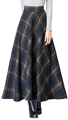 StarTreene Rock Damen lang Wolle Elegant Winterrock hohe Taille Plaid Plisserock A Linie Herbst Winter Maxirock mit Taschen